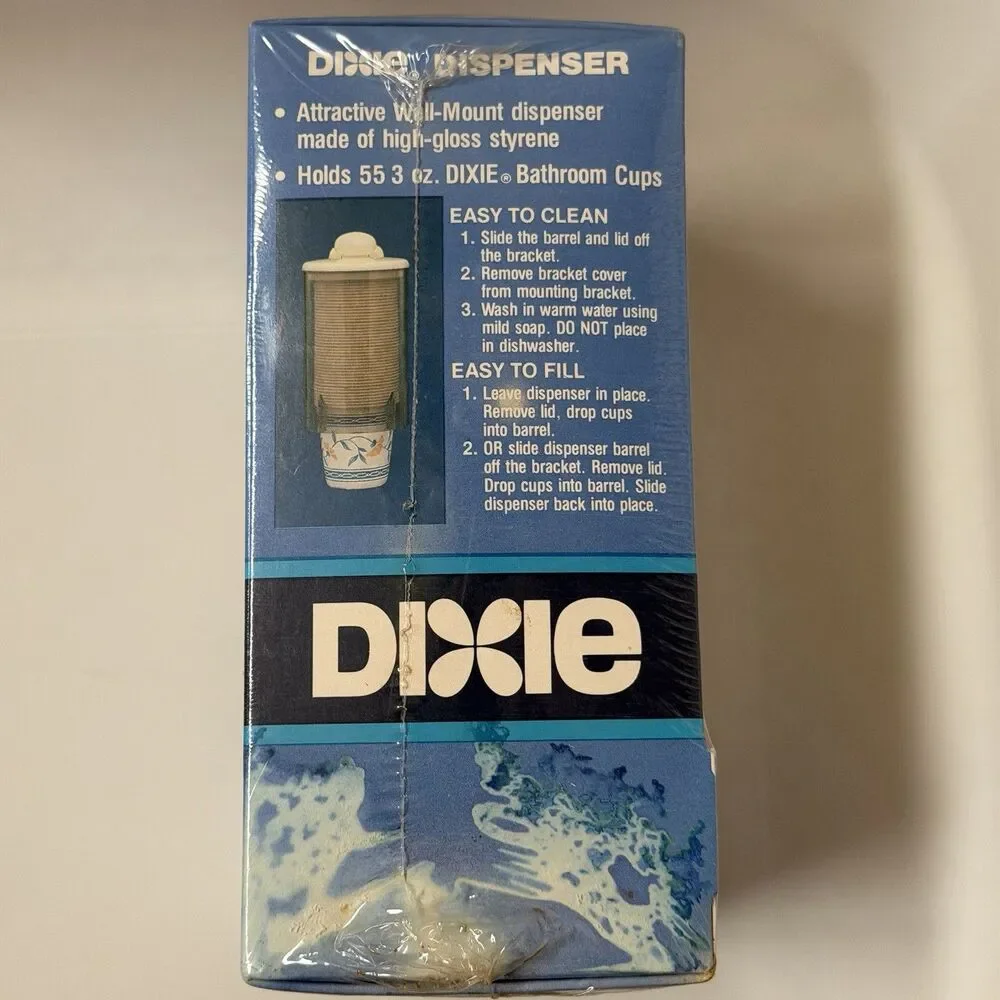 Vintage 1987 Dixie Bathroom Wall Mount Cup Dispenser and Cups NOS USA